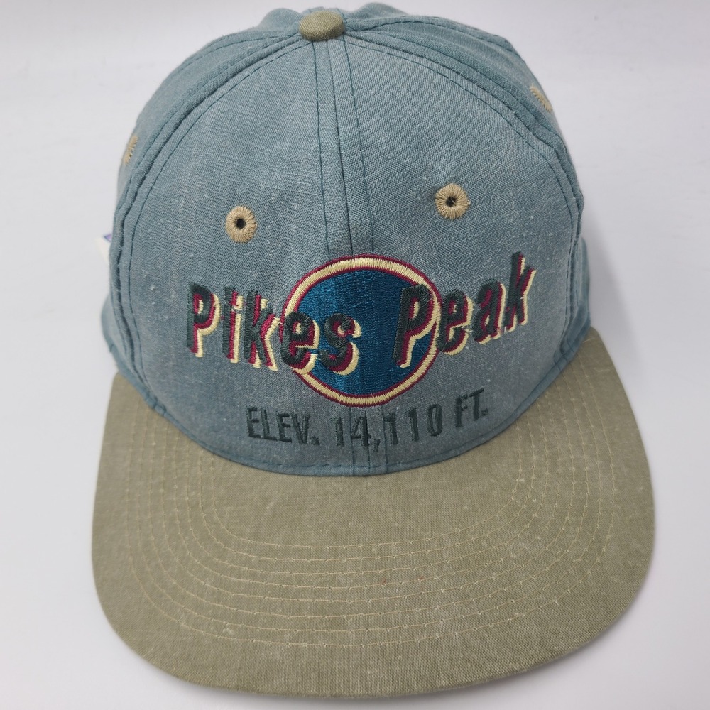Vintage Pikes Peak Hat Snapback Blue Green Beige Colorado Mountain Hiking Men